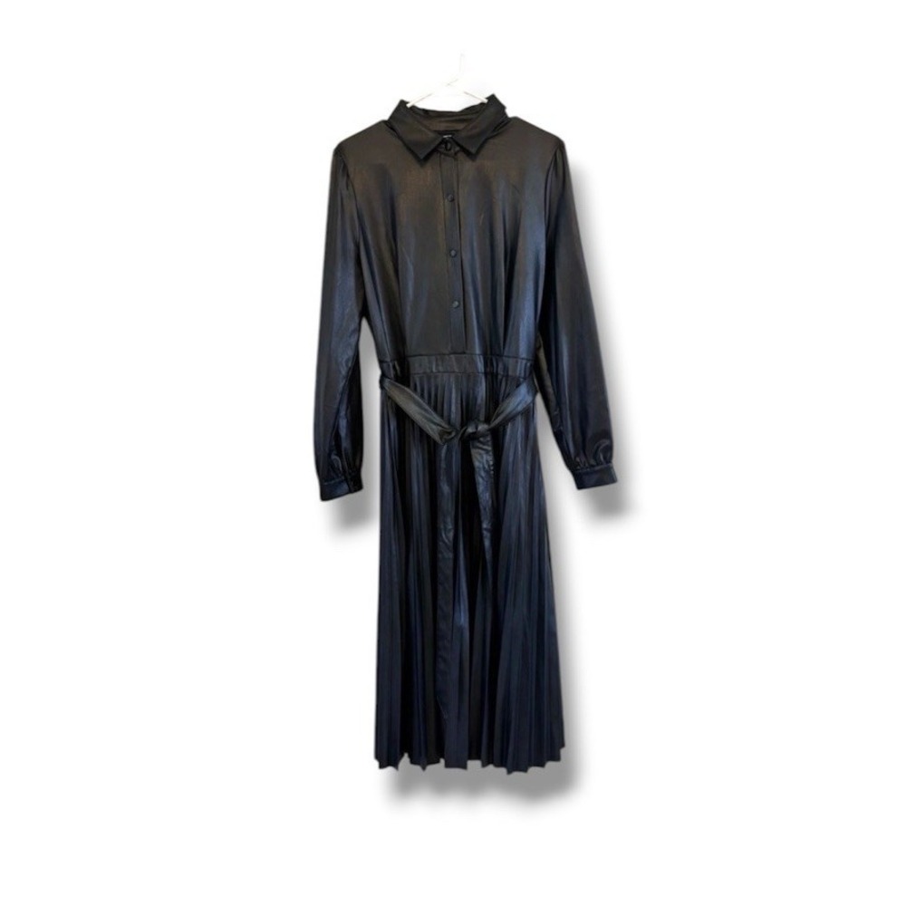 Scoop Women's Black Faux Leather Pleated Midi Dress Belted Waist Size M 8/10 NWT